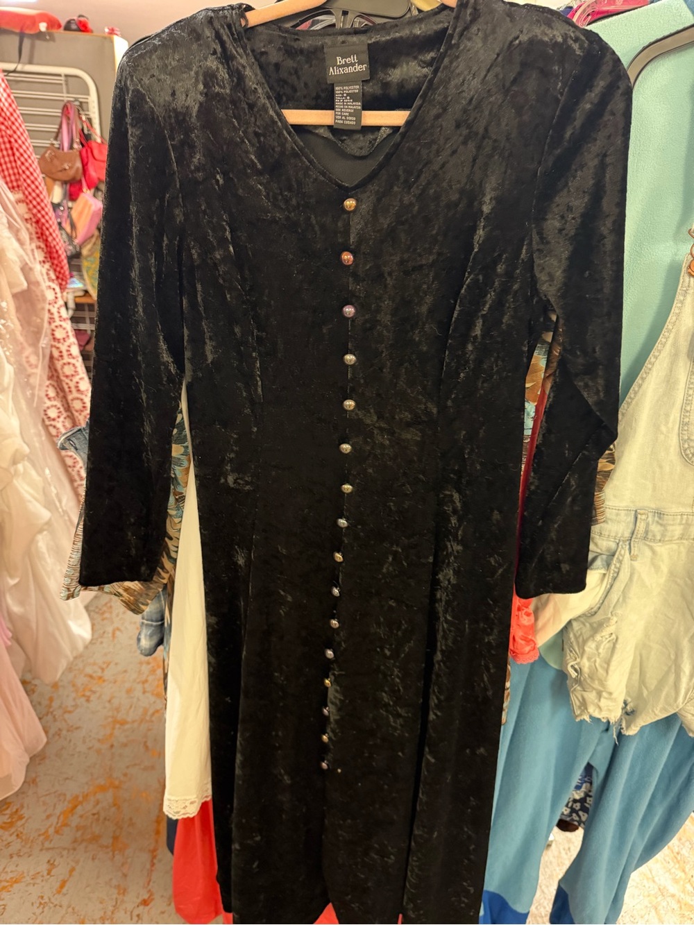 Vintage 90s Brett Alixander Black Crushed Velvet Maxi Dress Size 8 Whimsigoth